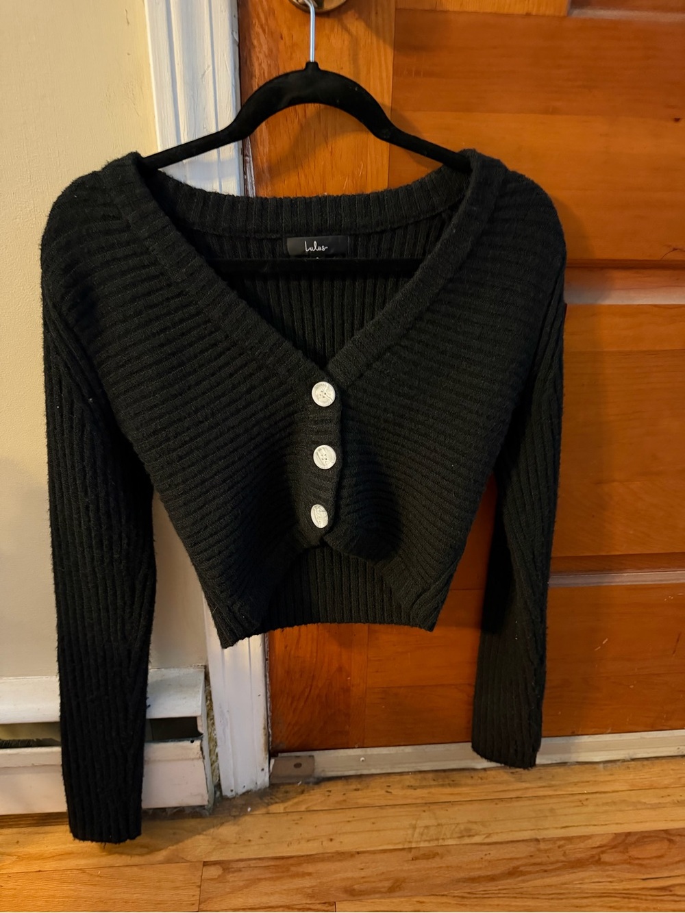 Lulu's Black Ribbed V-Neck Button Crop Cardigan